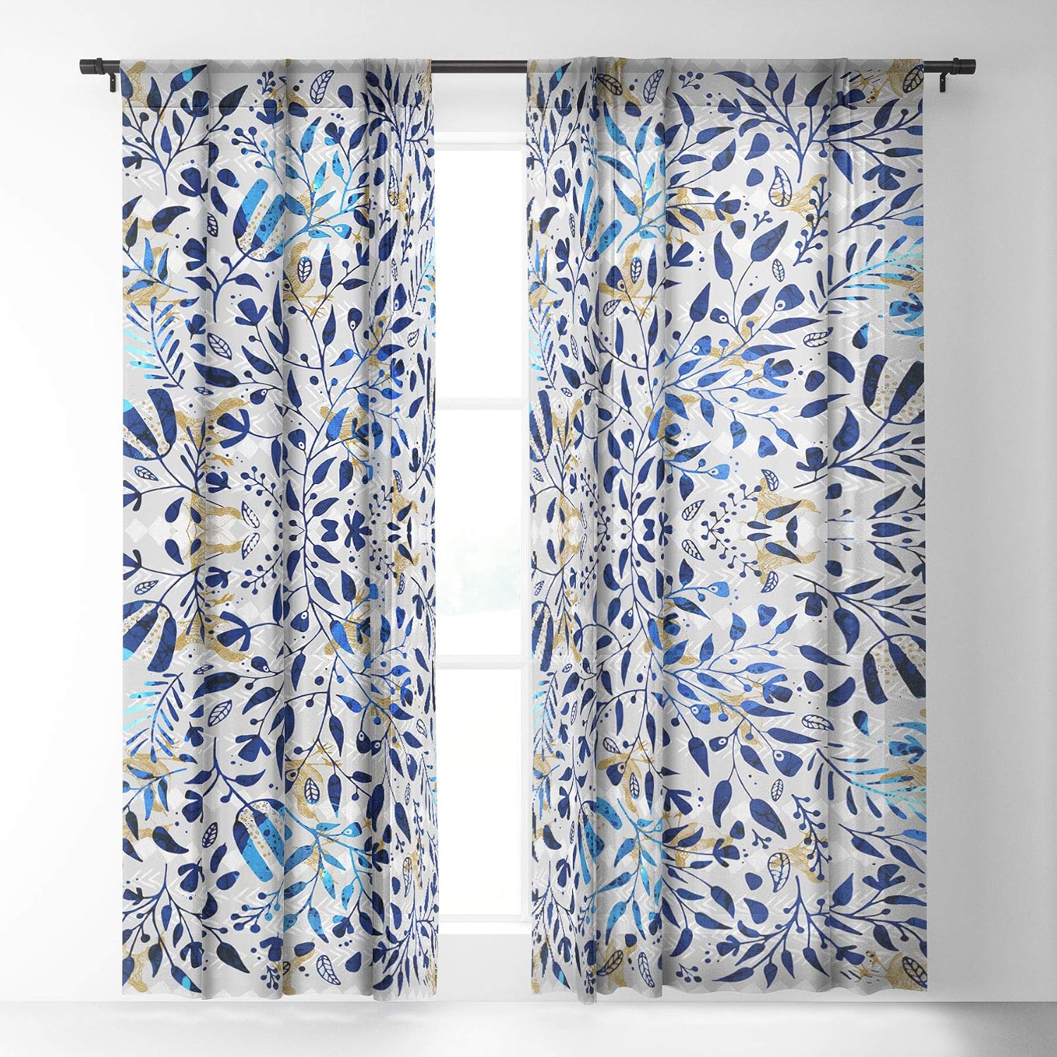 Deny Designs Marta Barragan Camarasa Abstract Nature with Golden Birds Sheer Curtains, 50" x 84", Blue