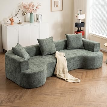 WILLIAMSPACE 106.72" Curved Sofa Cloud Couch for Living Room, Modern Upholstery Foam Sectional Curved Sponge Floor Sofa, 5 Seater Comfy Couch with 3 Pillows for Apartment, Corduroy, Green