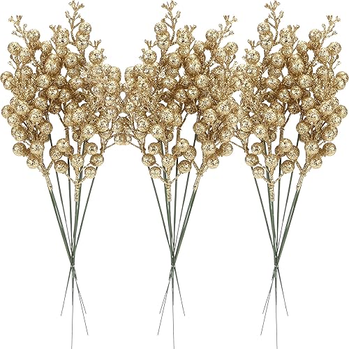 Sea Team Paquete de 24 adornos artificiales de ramas de bayas de acebo con purpurina, palitos de frutas decorativos, tallos brillantes, púas, ramas