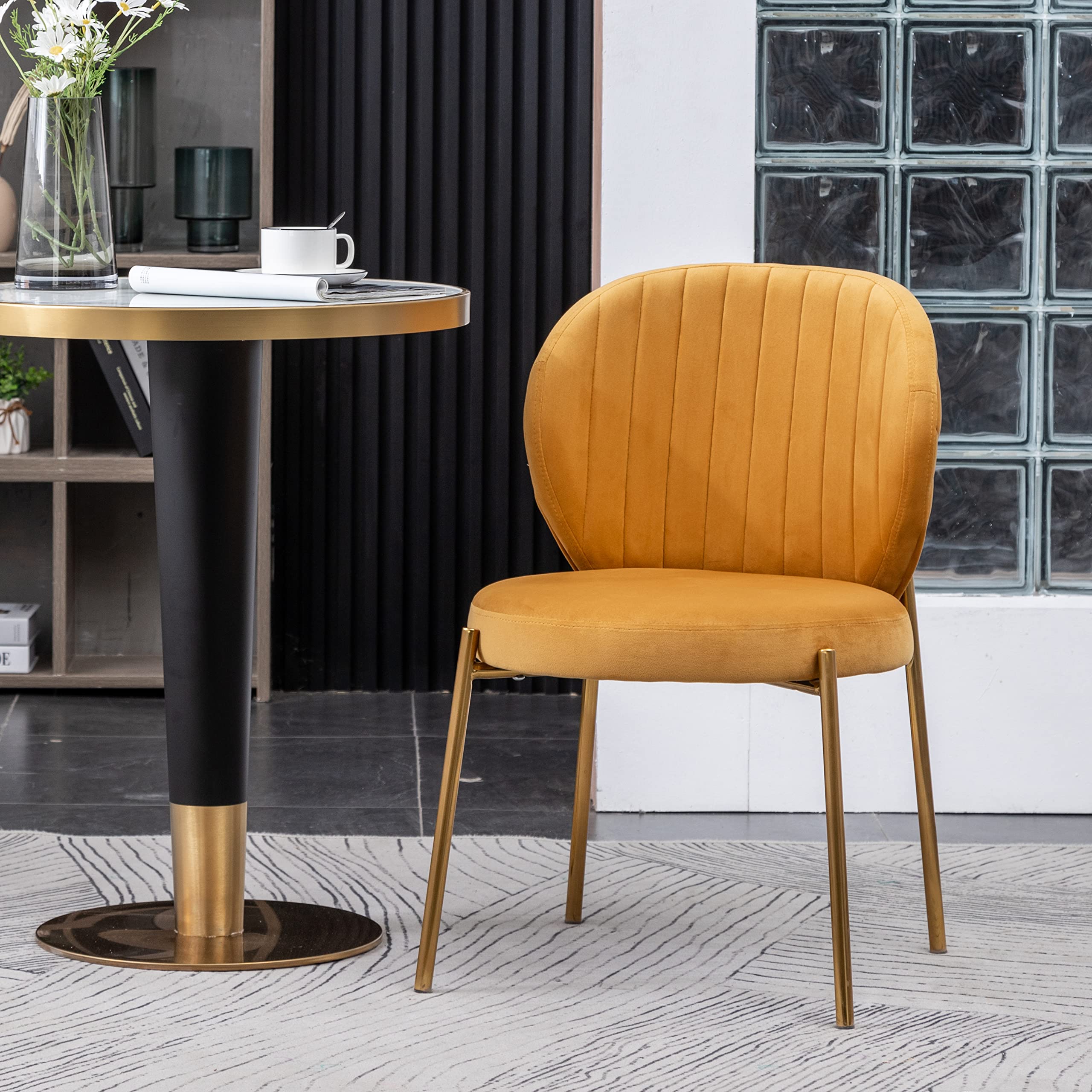 Amoa Contemporary Golden Metal Legs with Velvet Upholstered Dining Chairs Set of 2, Yellow