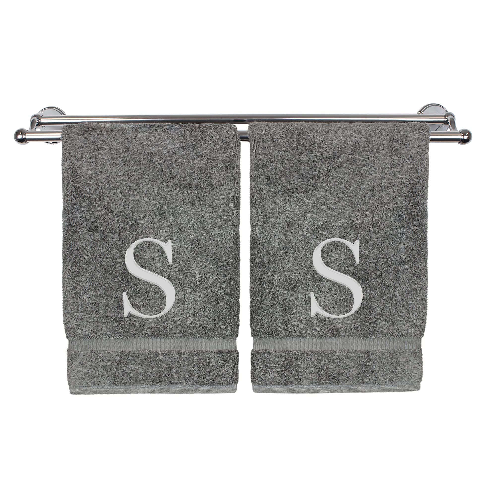 Toalla de mano monogramada, regalo personalizado, juego de 2 toallas bordadas con letras de bloque plateadas, extra absorbentes, 100% algodón turco, acabado de rizo suave, inicial S gris