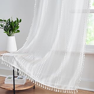 54 Inches Long White Boho Lace Sheer Curtain Panels with Tassels,Cutwork Geo Embroidery Pattern Drapes,Rod Pocket Window Treatment for Bedroom Living Room,40