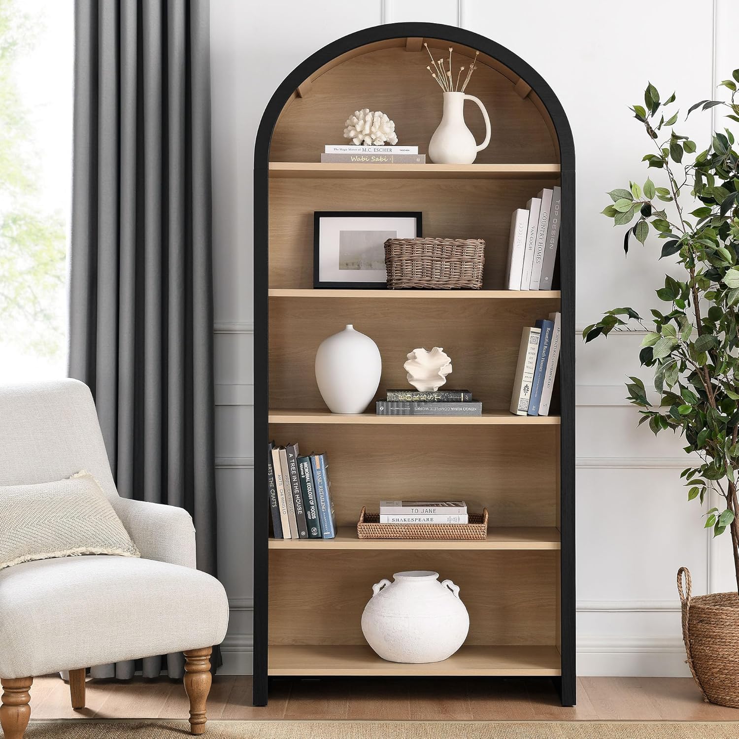 Modway Evie Modern Arched Wide Bookcase in Black - 76 Inch Open Shelf Display Cabinet - Stylish 5-Tier Bookshelf for Living Room, Dining Room, or Home Office