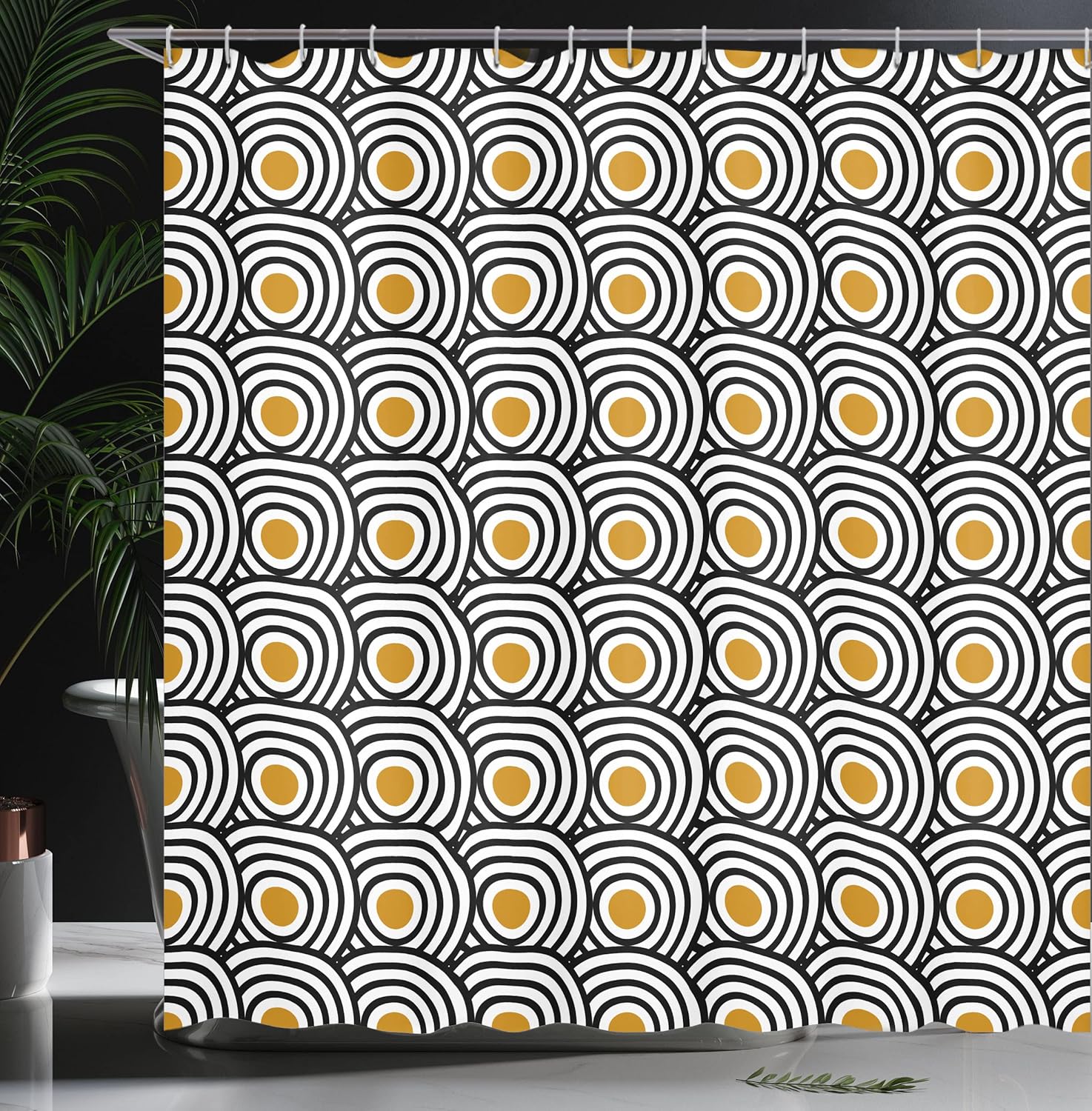 Ambesonne Modern Art Shower Curtain, New Age Retro Minimalist Concentric Spiral Vortex Abstract Work of Art, Cloth Fabric Bathroom Decor Set with Hooks, 69" W x 84" L, Dark Yellow