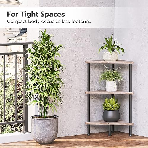 Miniatura 7 de HOOBRO Estante esquinero, estantería industrial de esquina de pared de 3 niveles con marco de metal, estante de exhibición de plantas, estantería