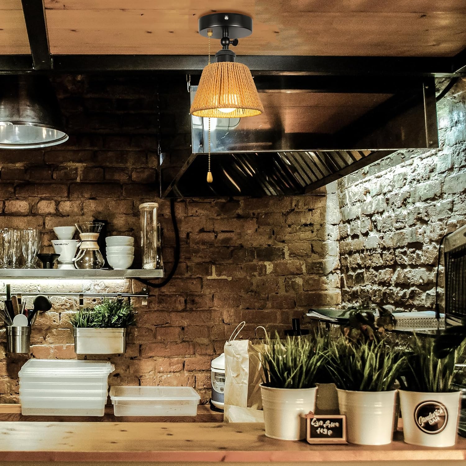 Adjustable Light, Zipper Switch 12V RV Industrial Natural Boho Wicker Hand Woven Rattan Cover, E26 Socket Semi Flush Mount Interior Lighting Decorative for Boat Camper Hallway