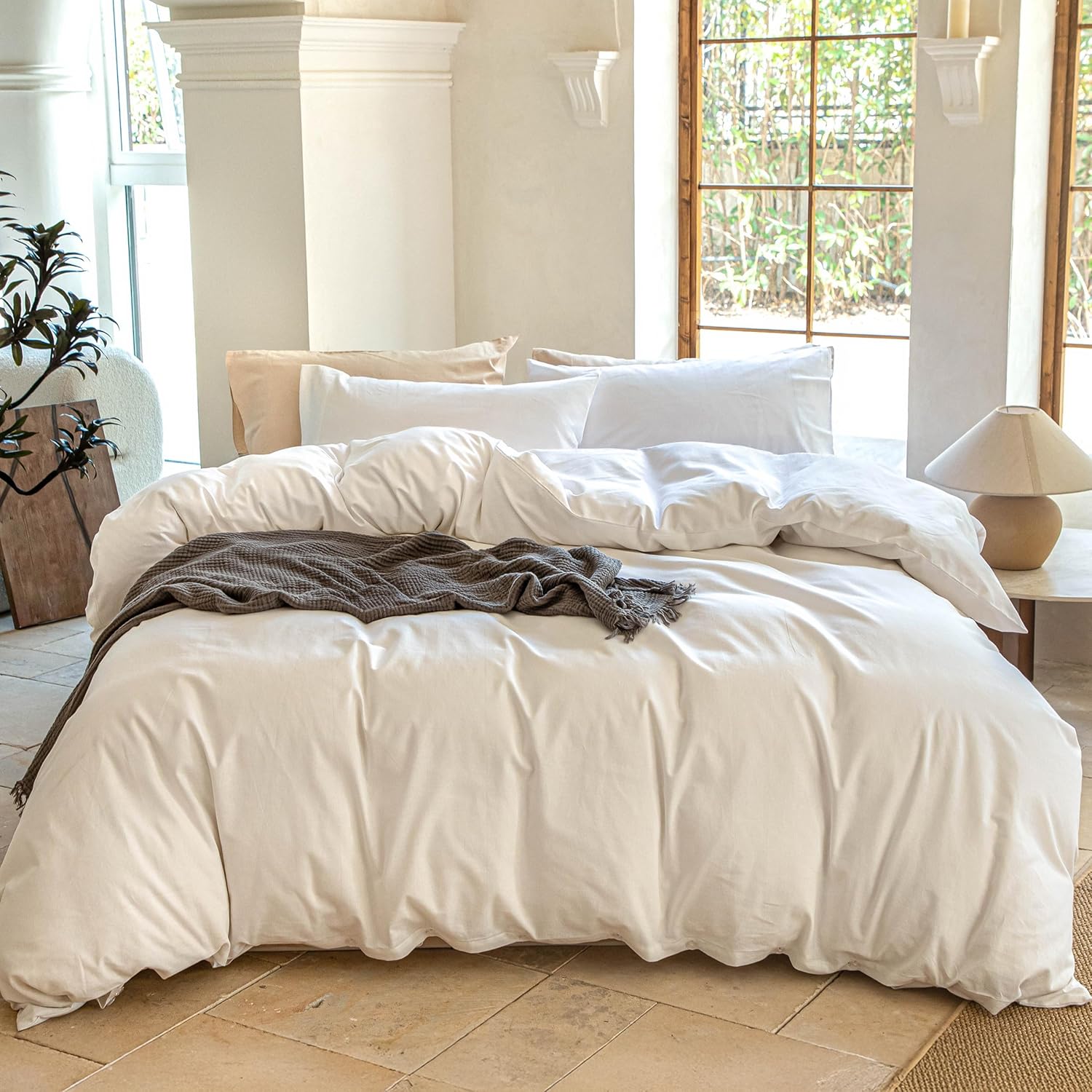 Linen Duvet Cover Set Twin Size - Linen Cotton Blend Natural Flax Bedding Set 2 Pieces, 1 Duvet Cover and 1 Pillowcase, Soft and Breathable for Hot Sleepers, White