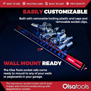 Olsa Tools 1/2-Inch Socket Organizer Rail with Locking Caps, Red