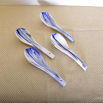 KunhaR Ceramic Soup Spoon - 4 Pieces, White Blue