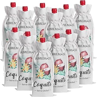 Windyun 12 Pcs Coquito Burlap Wine Bags Christmas Wine Bottle Gift Bags with Drawstring Vanilla Coconut Tree Pattern for Travel Home Storage Weddings Holiday Party