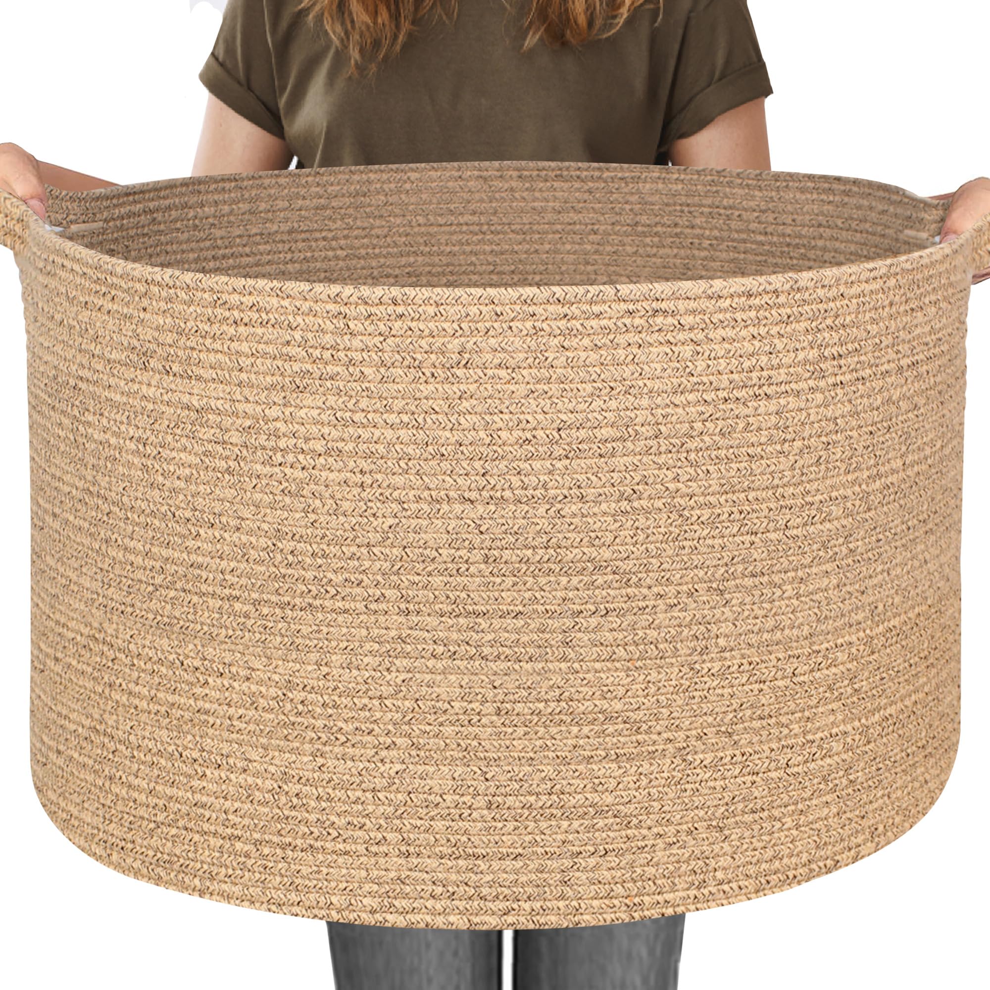 MEGASKET 115L Extra Large Storage Basket, 23.6"x15.7" Woven Cotton Rope Basket, Giant Kids Dog Toy Bin, XXXL Boho Blanket Pillow Holder for Living Room, Brown Variegated Woven Baskets for Organizing