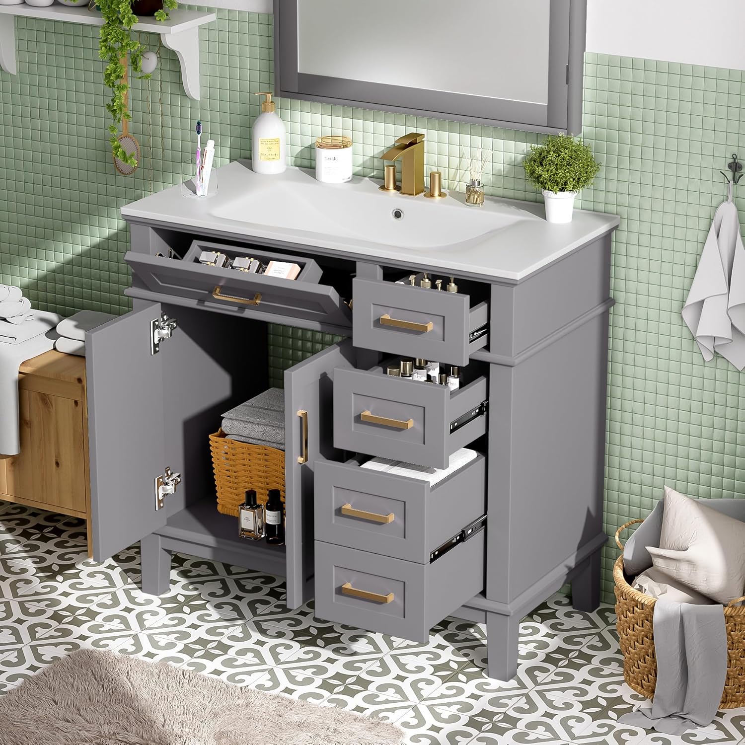 LZ LEISURE ZONE 36" Bathroom Vanity with Ceramic Sink, Modern Bathroom Cabinet, Featuring 2 Soft Close Doors and 4 Drawers, Gray