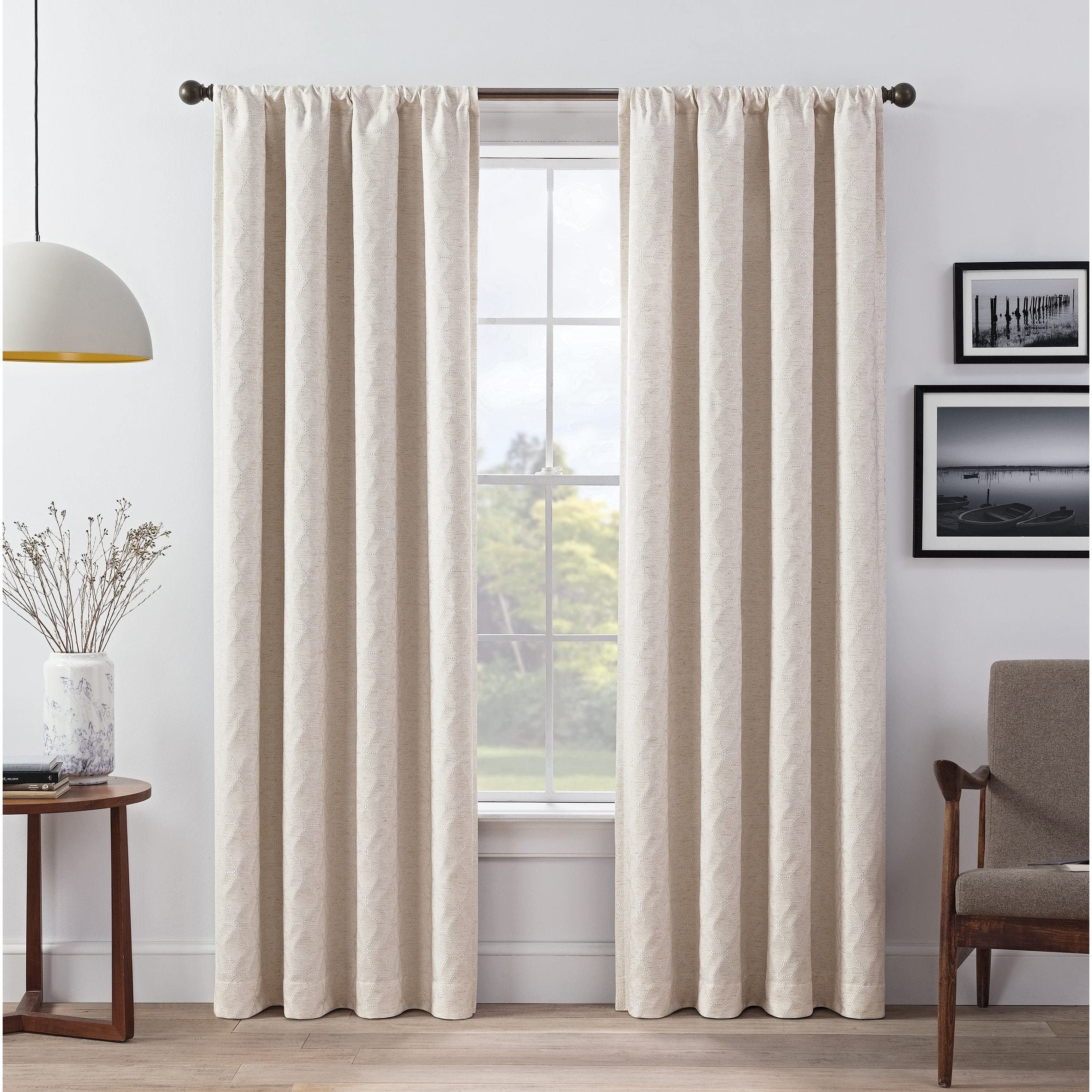 ECLIPSE Lollie Total Privacy Blackout Rod Pocket Trellis Design Window Curtains (2 Panels), 52 in x 84 in, Ivory