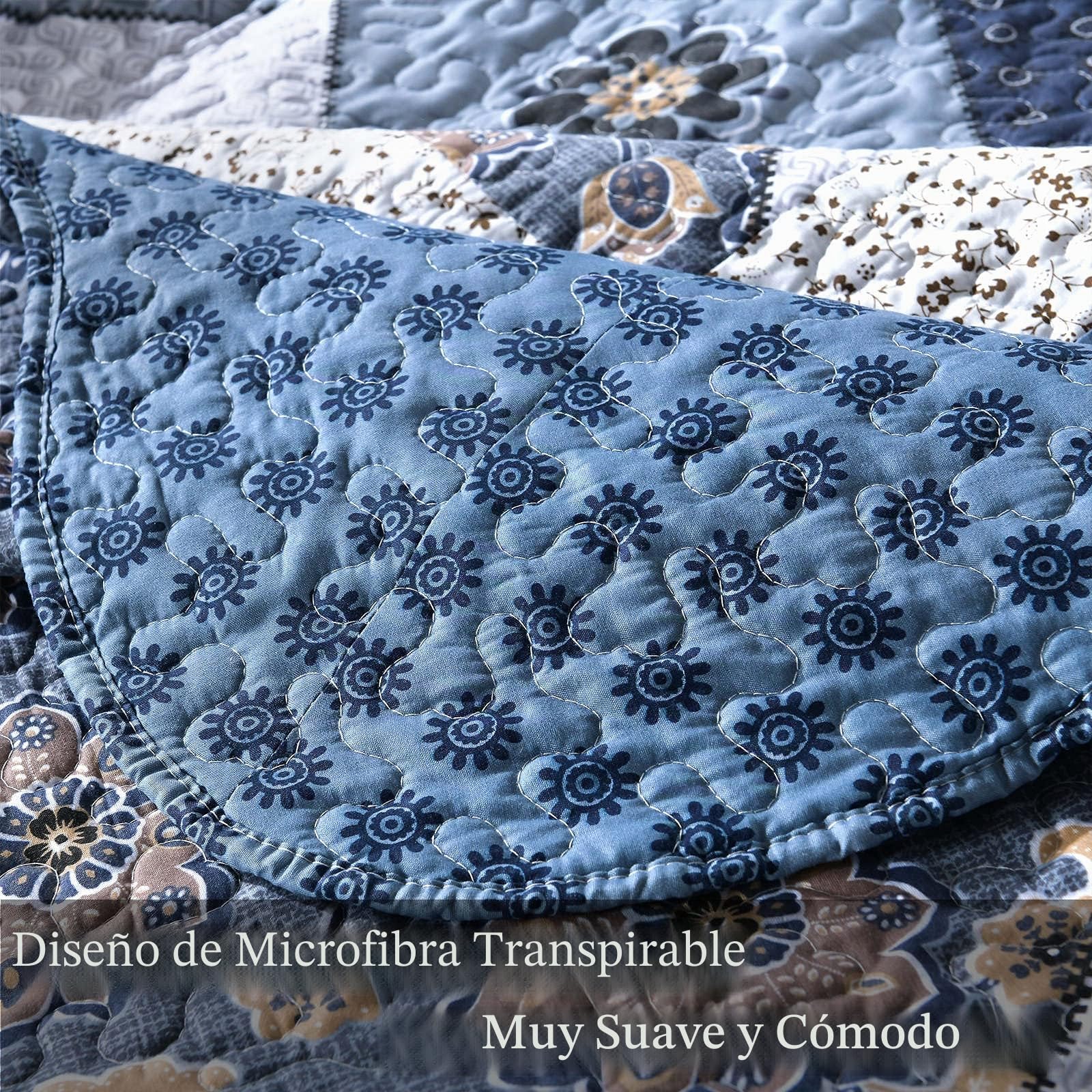 Qucover Cubrecama Patchwork para Cama 150 180,Colcha nordica bouti de piqué,Manta con Fundas de Almohada,Retazos Reversible para Matrimonio Verano King Size (Patchwork Azul, 230x250cm+50x70cm*2)