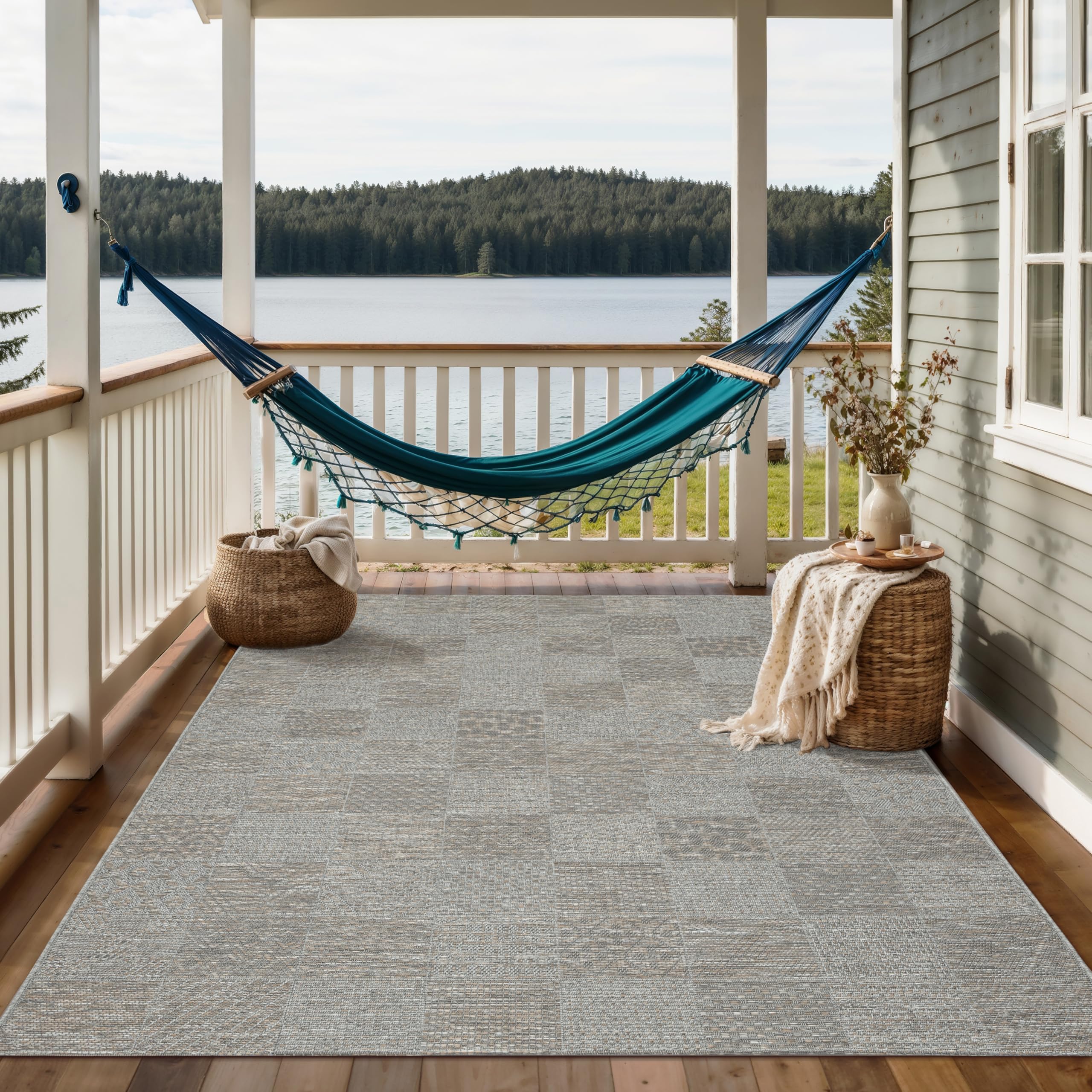 the carpet Calgary - Outdoor Teppich Wetterfest für Balkon & Terrasse, Robuster Flachgewebe Teppich für Garten, Pflegeleicht In- & Outdoor, Boho Vintage Design, Grau-Beige, 67 x 180 cm