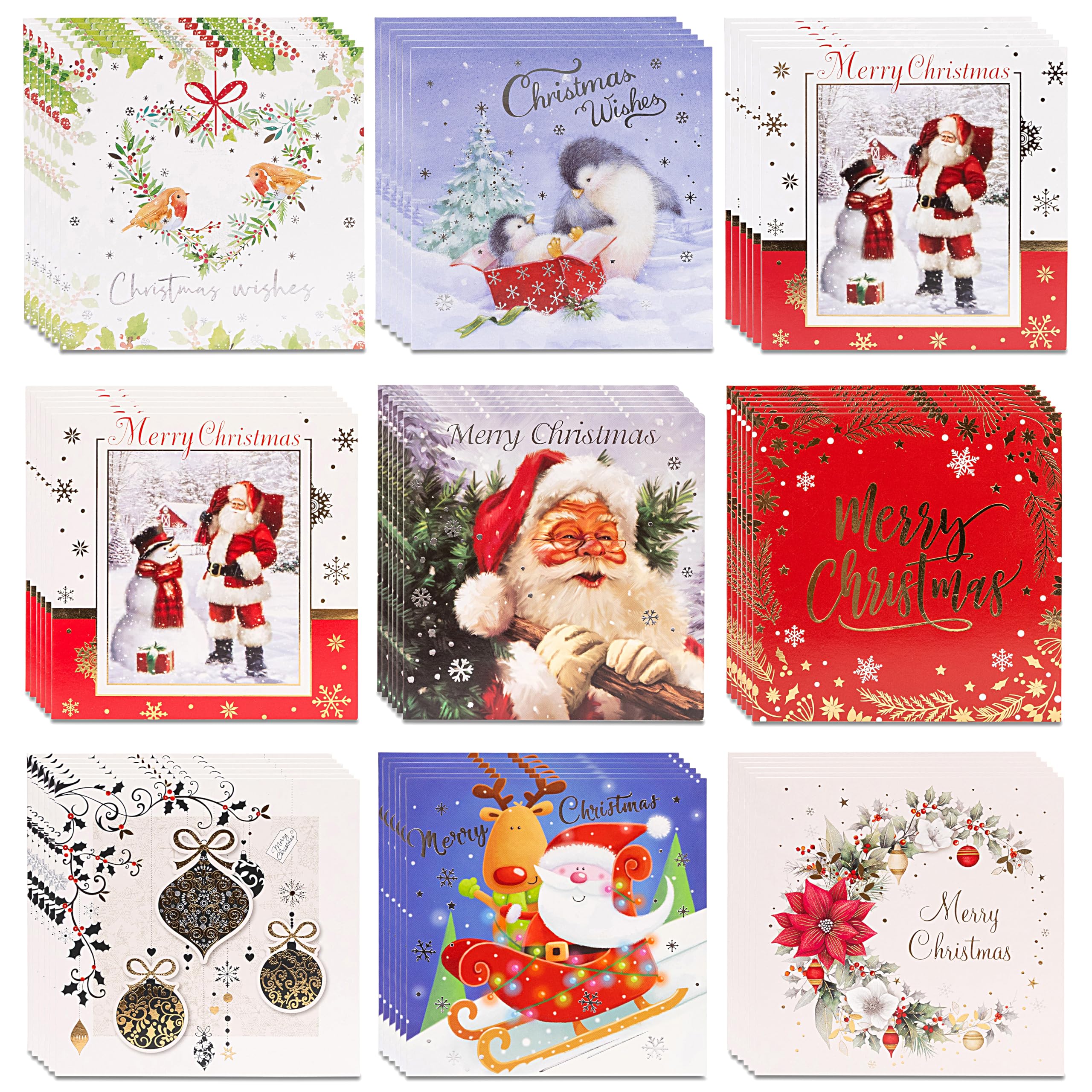 Christmas Cards Bumper Pack of 40 - Mixed 8 Cute & Traditional Festive Designs with Envelopes - Merry Christmas & Happy New Year Greeting Cards 12cm x 12cm