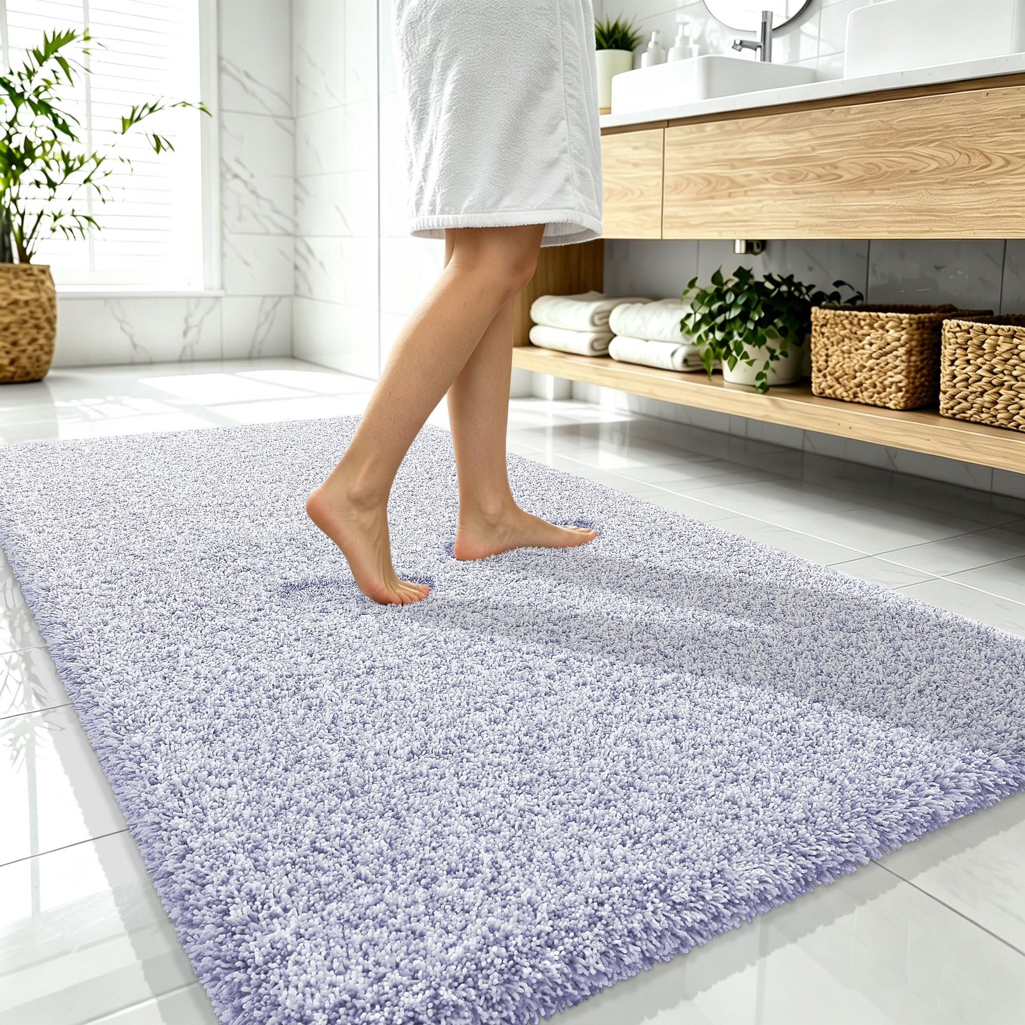 OLANLY Microfiber Bathroom Rugs 59x35, Quick Dry Mat, Lavender and White