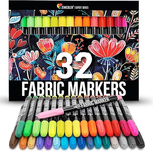 Zenacolor 32 Fabric Markers Pens - Non Toxic, Indelible and Permanent Fabric Paint Pens - Fine Point Tip Textile Marker Pen
