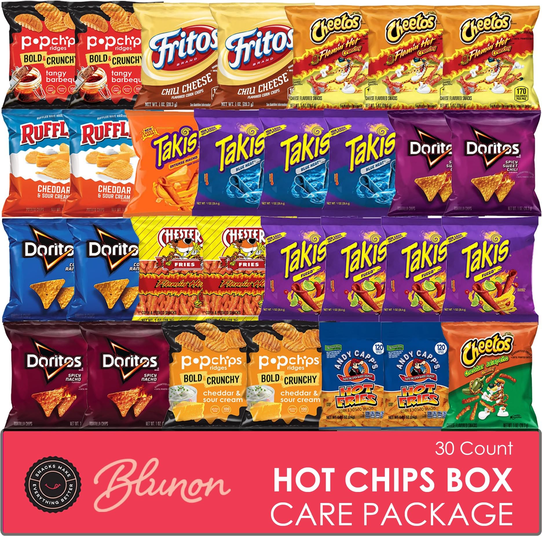 Hot Chips Snacks Variety Pack for Adults - Fiery Spicy Snack Bag Care Package - Gift Box Bulk Assortment (30 pack)