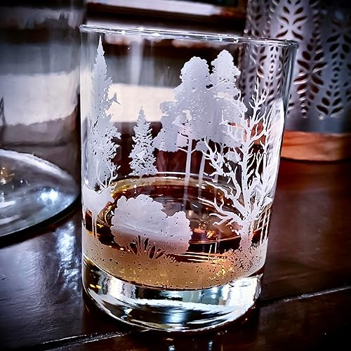 Miniatura 5 de Nature Scene Forest Animals Whiskey Glass - Old Fashioned Whiskey Rocks Glass - Forest Bourbon Glass - 360 Degree Hand Engraving - 13.5 oz