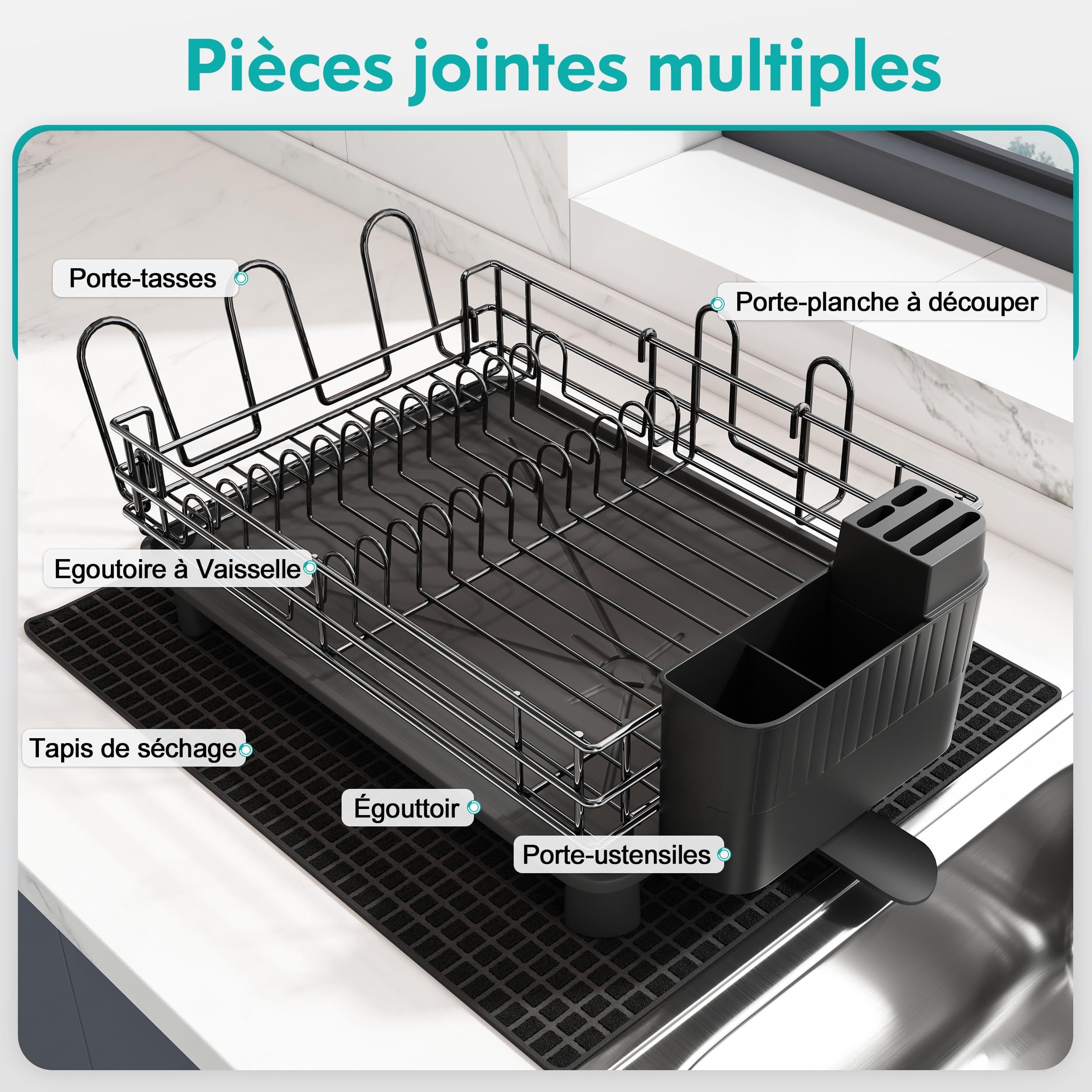 MAJALiS Kitchen Dish Drainer with Cup Holder and Utensil Holder, Stainless Steel Black Dish Drying Rack with Automatic Draining and Drying Mat
