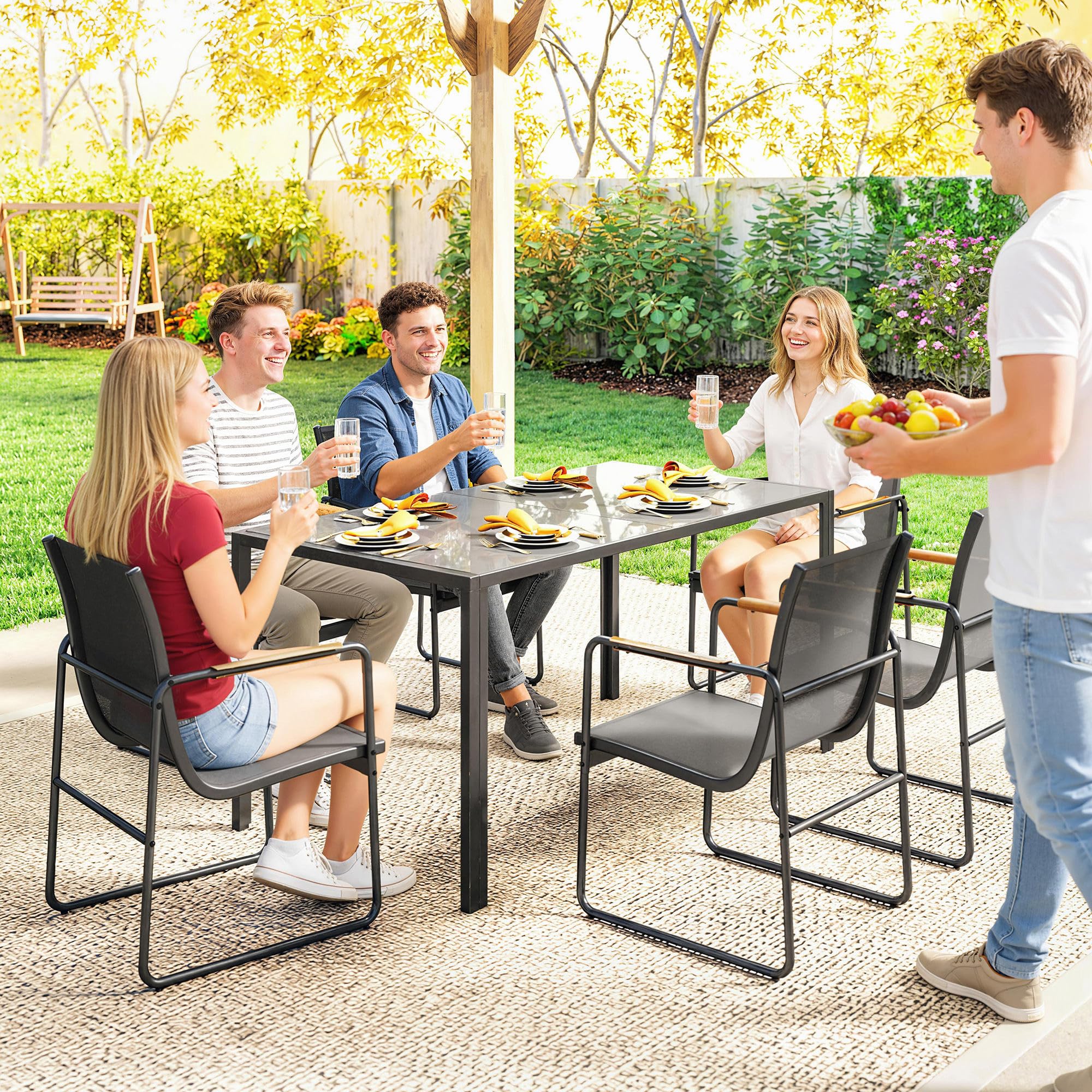 Outsunny 7-teiliges Outdoor-Esszimmer-Set für 6 Personen, Glastisch und Stühle mit dekorativen Armlehnen, Gartenmöbel aus Stahl für die Terrasse, grau