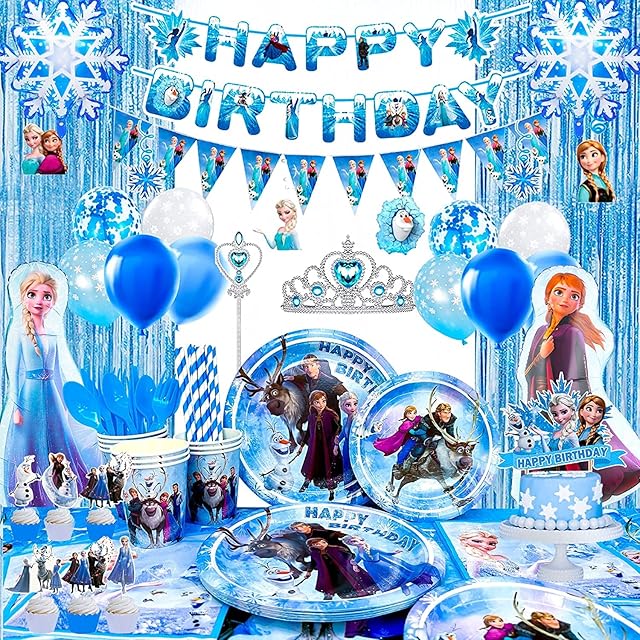 Frozen Party Decorations-136 Pcs Frozen Birthday Decorations set Include Frozen Party Tableware Tablecloth,Frozen Birthday Banner, Balloon,Cake Topper ect Frozen Party Supplies Service 10 Guests