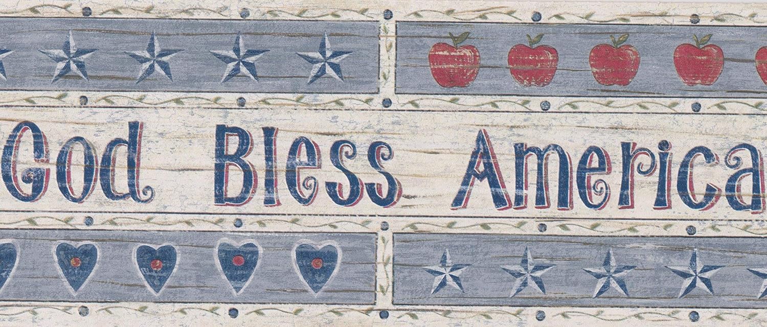 God Bless America Stars American Flag Apples Hearts Vintage Wallpaper Border Retro Design, Roll 15' x 4.5''
