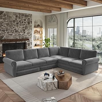 KCGKCG 118" Sleeper Sofa Bed, Sectional Couches for Living Room/Apartment, Chenille L Shaped Couch with Pull Out Couch Bed, Convertible Sectional Sofa with Rolled Arm & Nailhead Trim, Light Grey