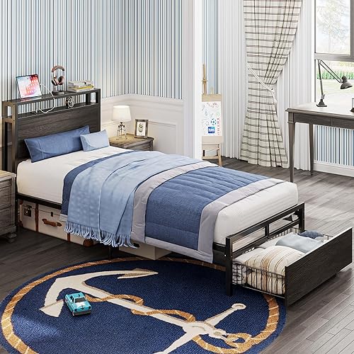 Miniatura 36 de LIKIMIO Base de cama individual con cajón, cabecera de almacenamiento con tomas, no necesita somier, fácil montaje, marrón oscuro Marrón oscuro,Gris