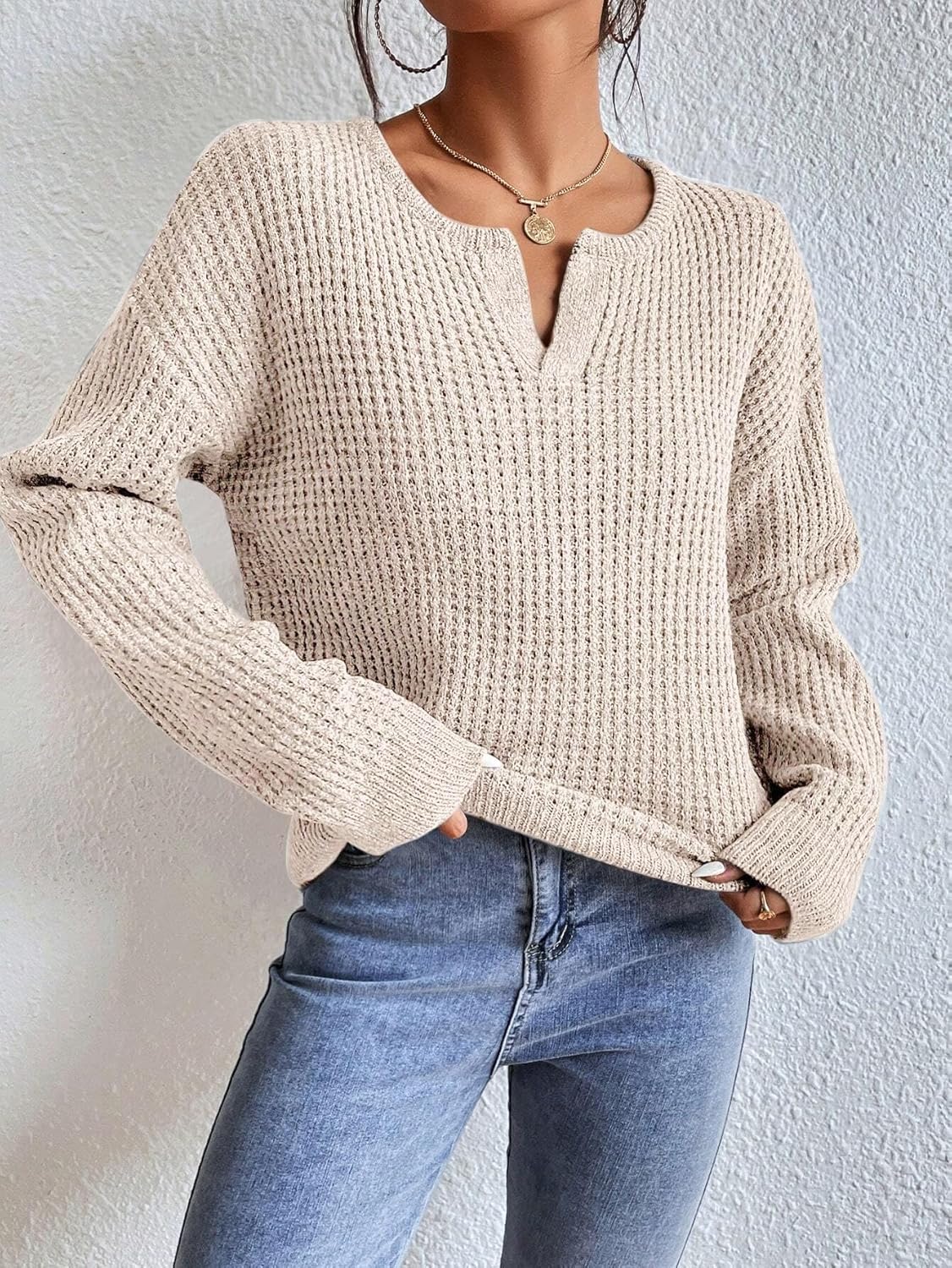 Womens Sweaters Casual Drop Shoulder Long Sleeve V Neck Pullover Tops Trendy Fall Fashion Clothes 2025 - Image 2