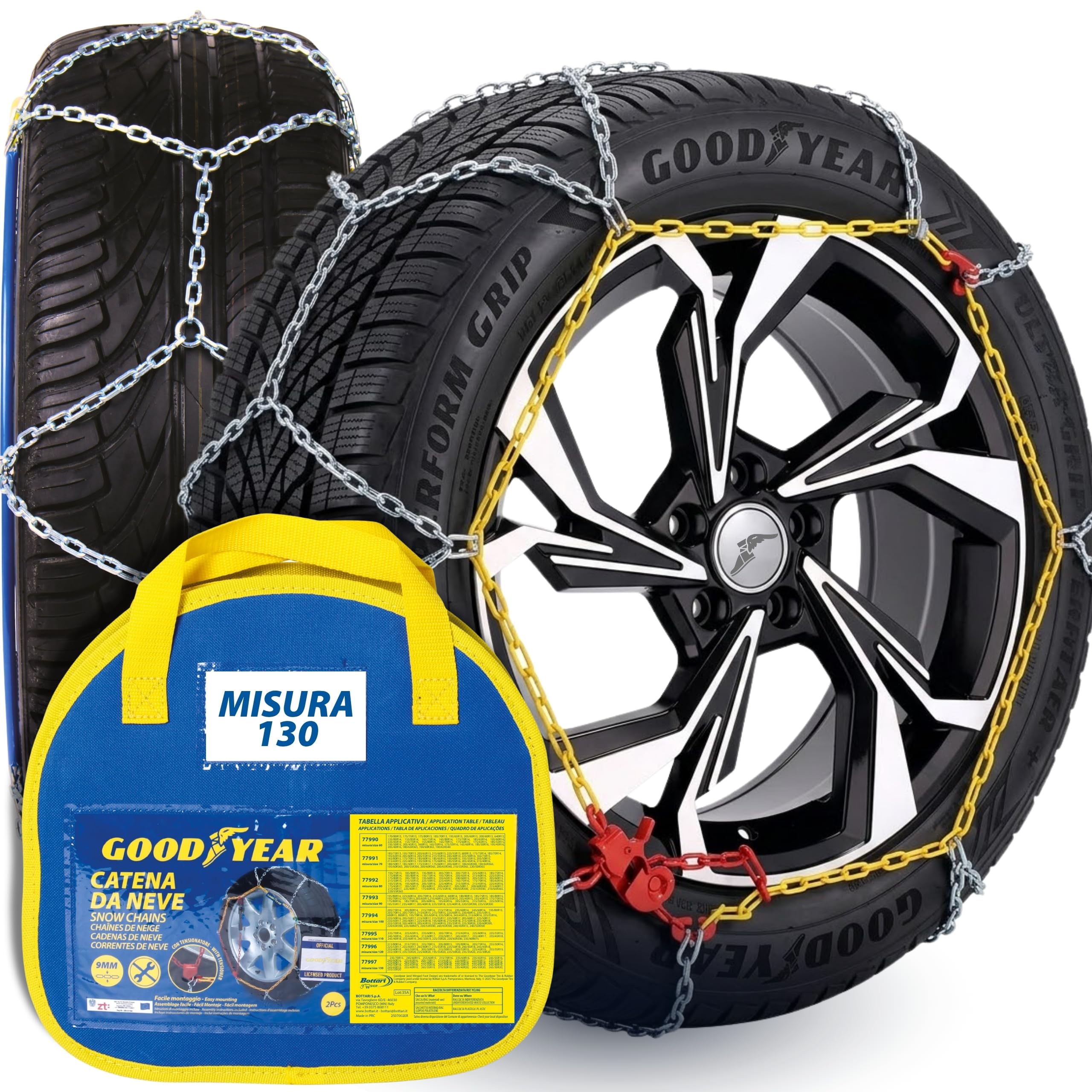 Goodyear, Catene da Neve 9mm in Metallo Misura 130, Set 2 Pezzi, Tenditore Automatico Autotensionante per Sicurezza Stradale, Omologazione V5117, Trazione Massima su Neve e Ghiaccio