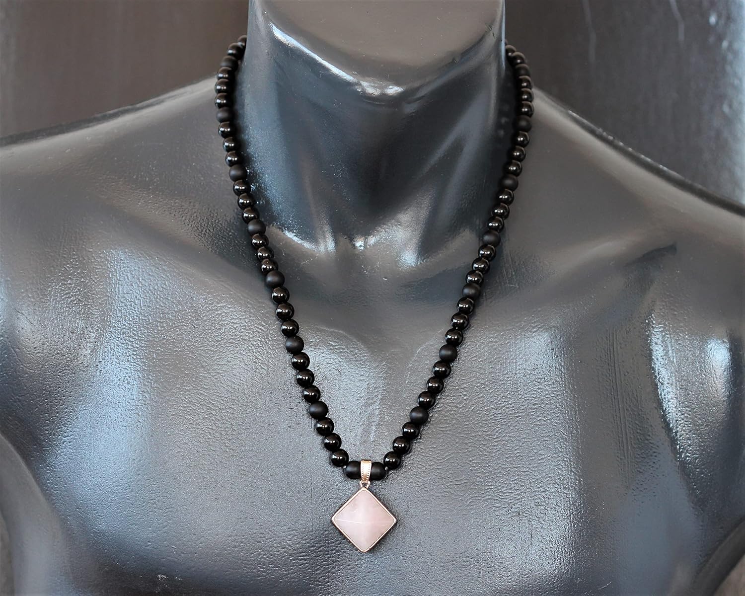 ElisaJewelryArt - Natural Pyramid Amethyst Pendant Necklace Black Onyx Beaded Necklace Genuine Gemstone Feng Shui Stone Clasp Closure Necklace Unisex Necklace - Image 2