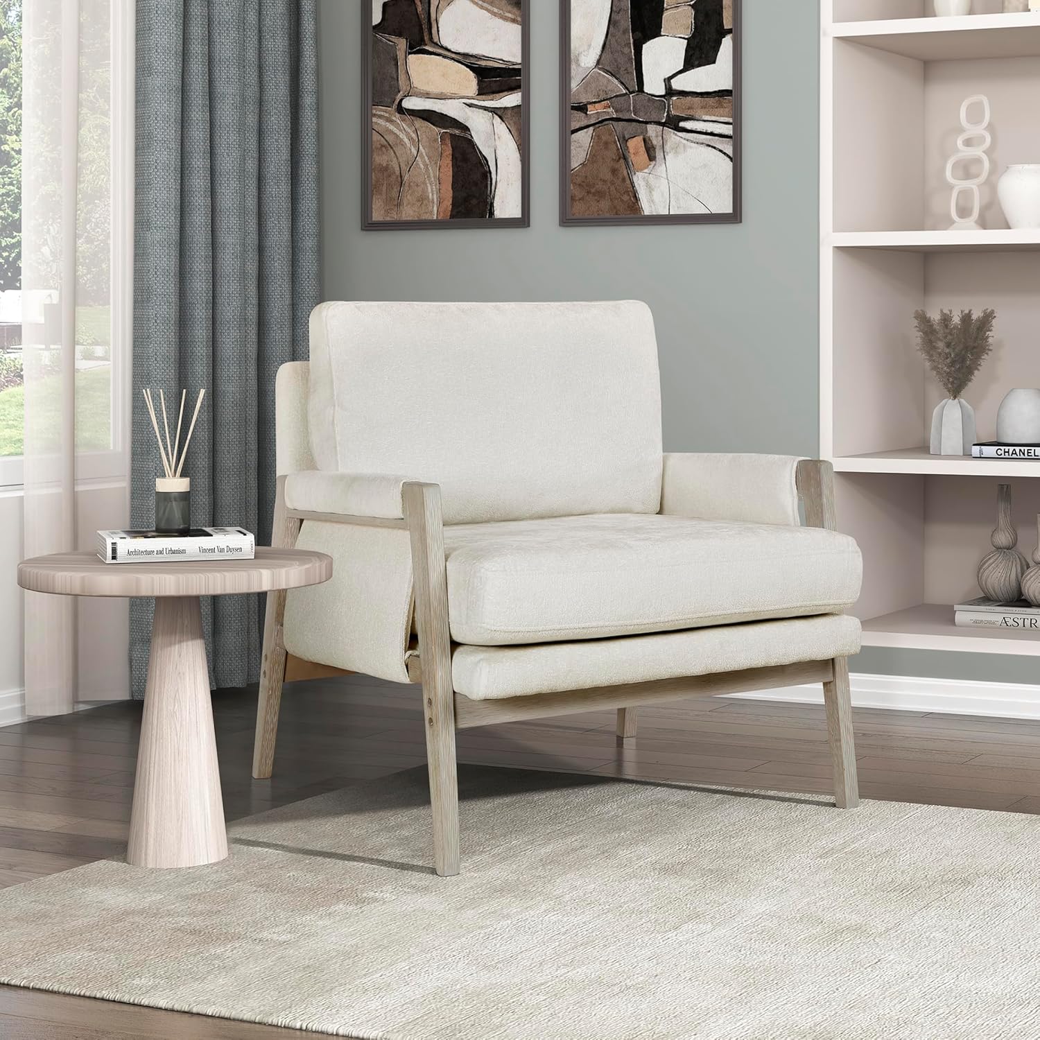 Lexicon Living Room Accent Chair, with Wire-Brushed Light Brownish-Gray Wood Frame, Chenille Upholstered Arm Chair with Wrapped Arm Rest, Thick Seat Cushion, Cream