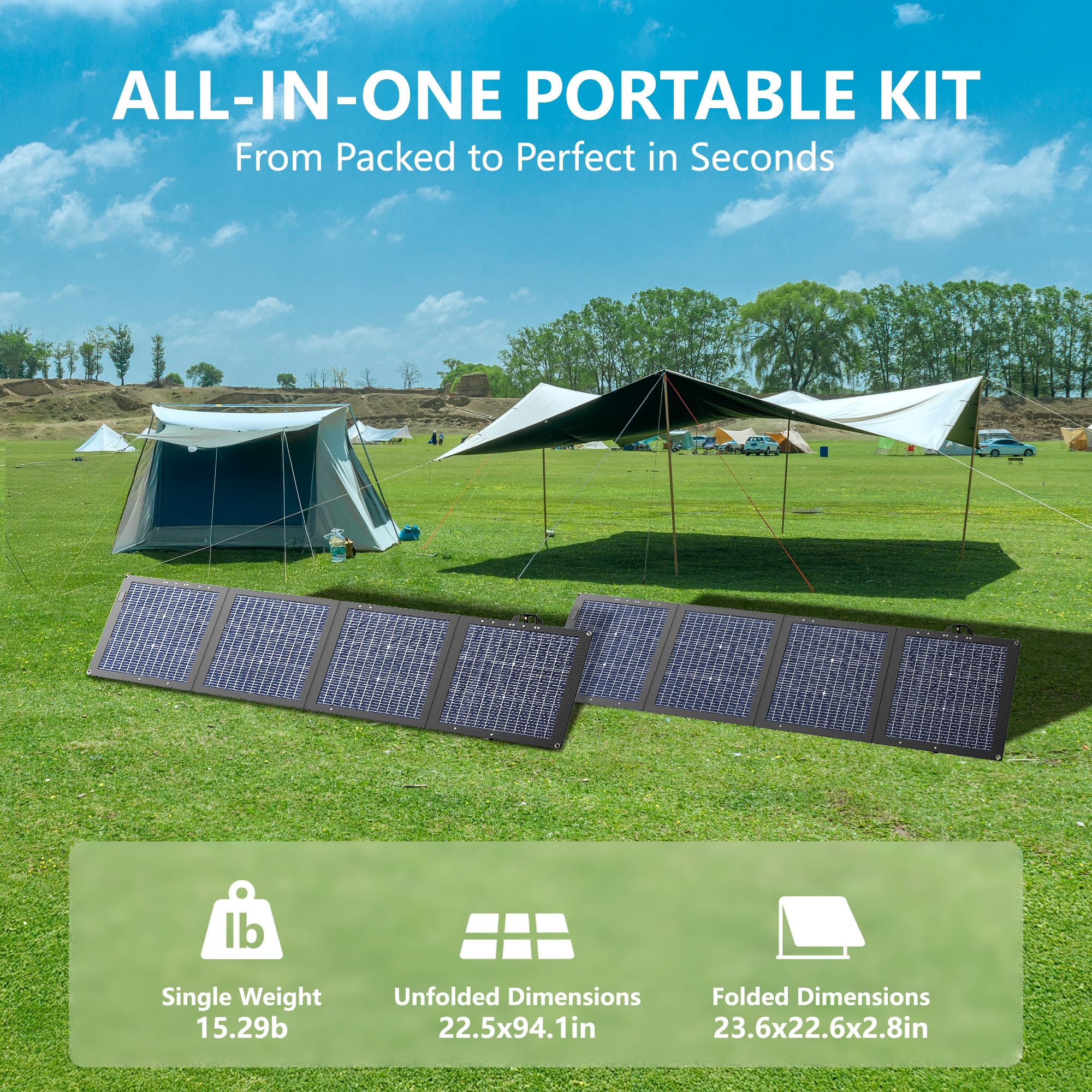 Pannello solare pieghevole da 220 W, monocristallino bifacciale, 25,9 Voc, ad alta tensione, impermeabile, per centrali elettriche portatili, campeggio, camper, con cavalletto e borsa per il trasporto