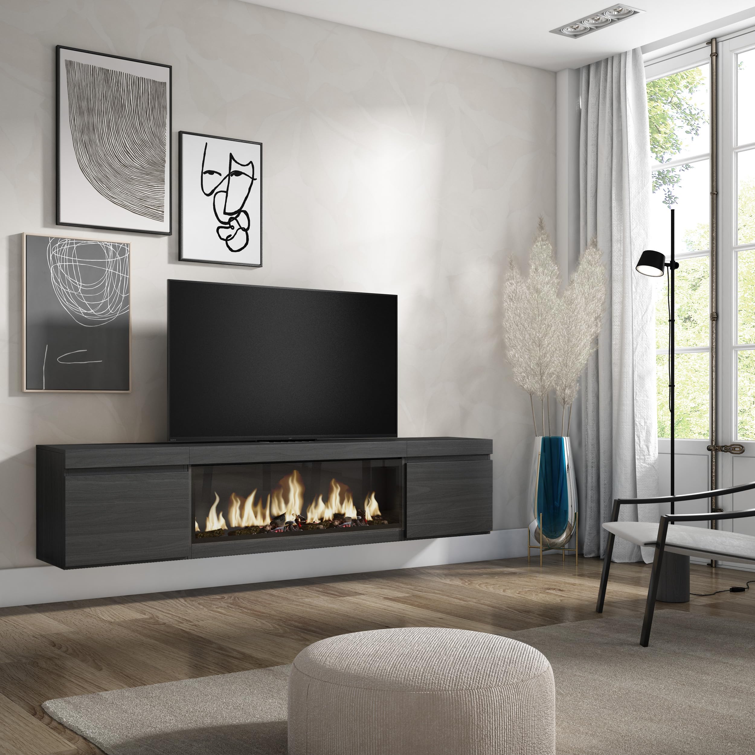 Skraut Home | Mobile TV Soggiorno | Ampio spazio a disposizione | 210 | Per TV fino a 80" | Camino elettrico XXL | Sospeso, da appendere | Stile moderno | Nero
