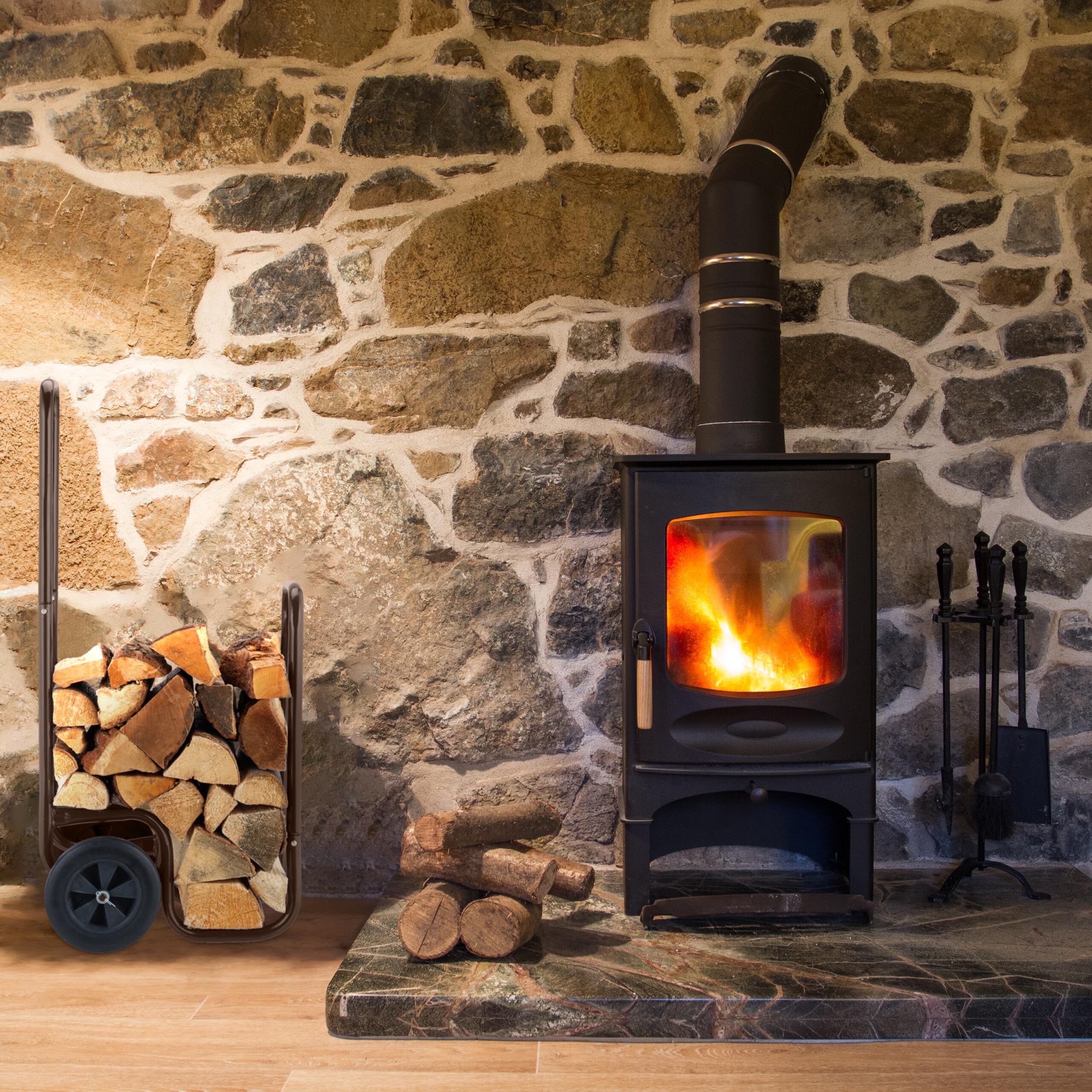 Relaxdays Range-bûches Mobile, 2 Roues, Jusqu’à 60 kg, pour bûches Standards, Support Bois de Chauffage, Acier, Marron