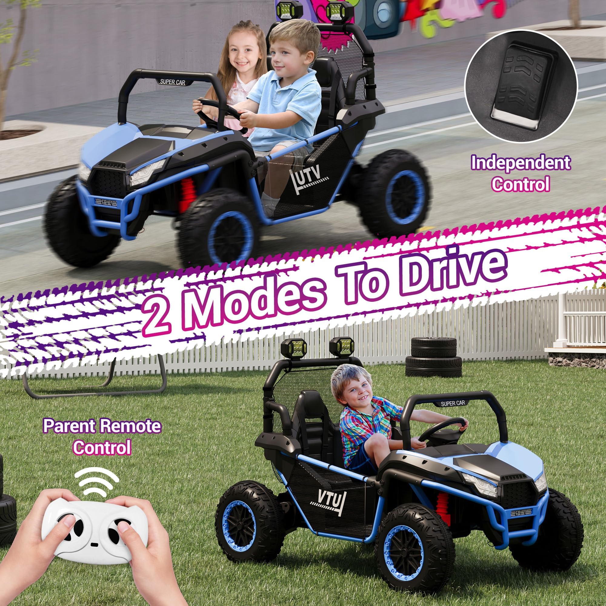 24V Electric Car for Kids, Two Seater Ride On Cars for Kids UTV with Remote Control and Bluetooth Music, Spring Suspension, 3 Speed Modes, LED Lights, 20 in Wide Seat for Boys and Girls 3-5 Years Old