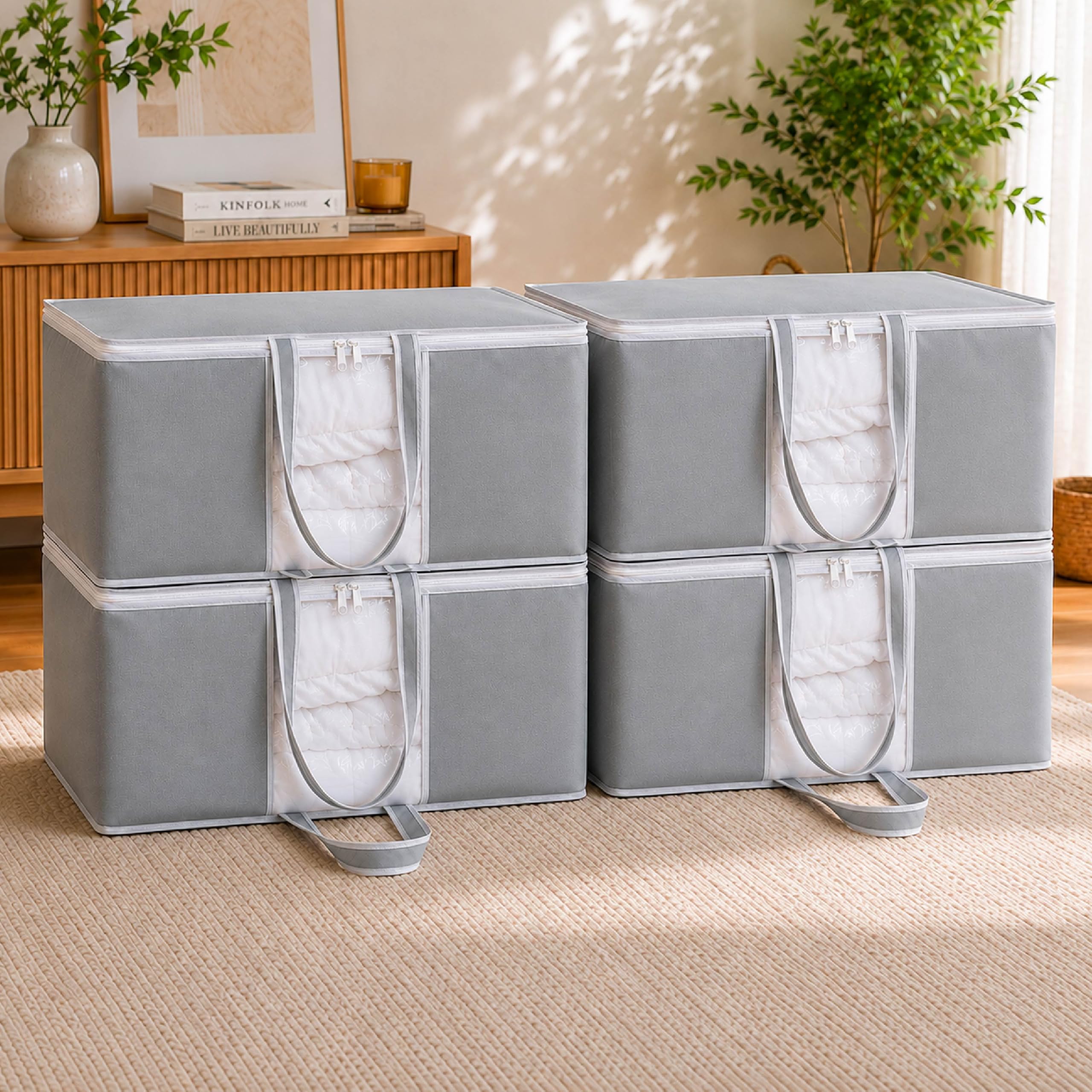 HomeStrap Set of 4 Non Woven Underbed Storage Organizer/Blanket Cover Bag with Transparent Window and Front Handle for Quilt, Clothes (Grey)
