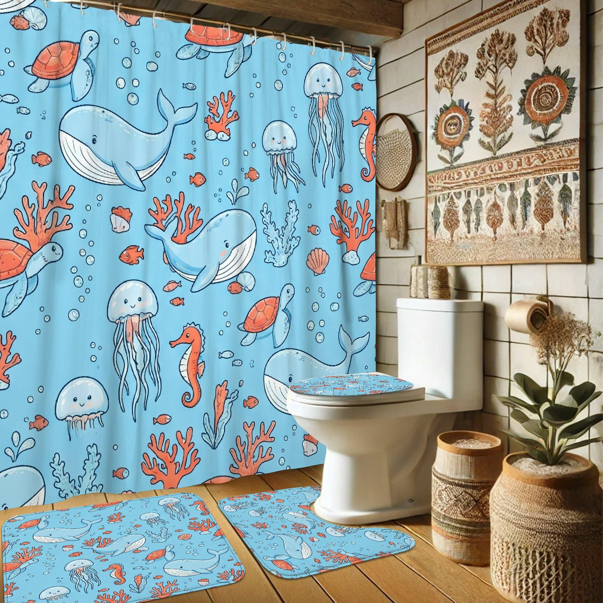 Rideau de douche motif baleine et tortue pour la salle de bain du dortoir