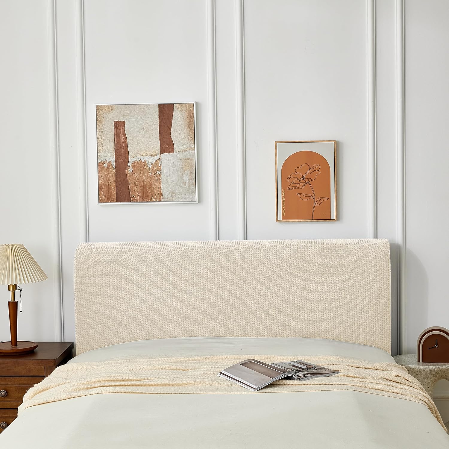 Bed Headboard Cover King, Stretch Bed Head Board Slipcover, Jacquard Protector Slip Cover for Upholstered Headboard (Grid Weave White, King Headboard Length (70"-80"))