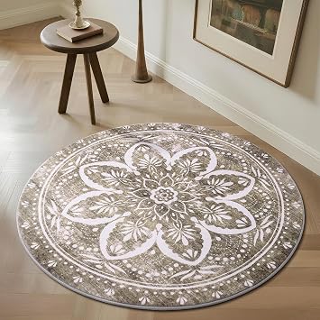 Carvapet 36 inch/91 cm Washable Round Rugs - Small Vintage Circle Rug, Non Slip Rubber Backing Foldable Low Pile for Living Room Bedroom, 3ft Brown Rug