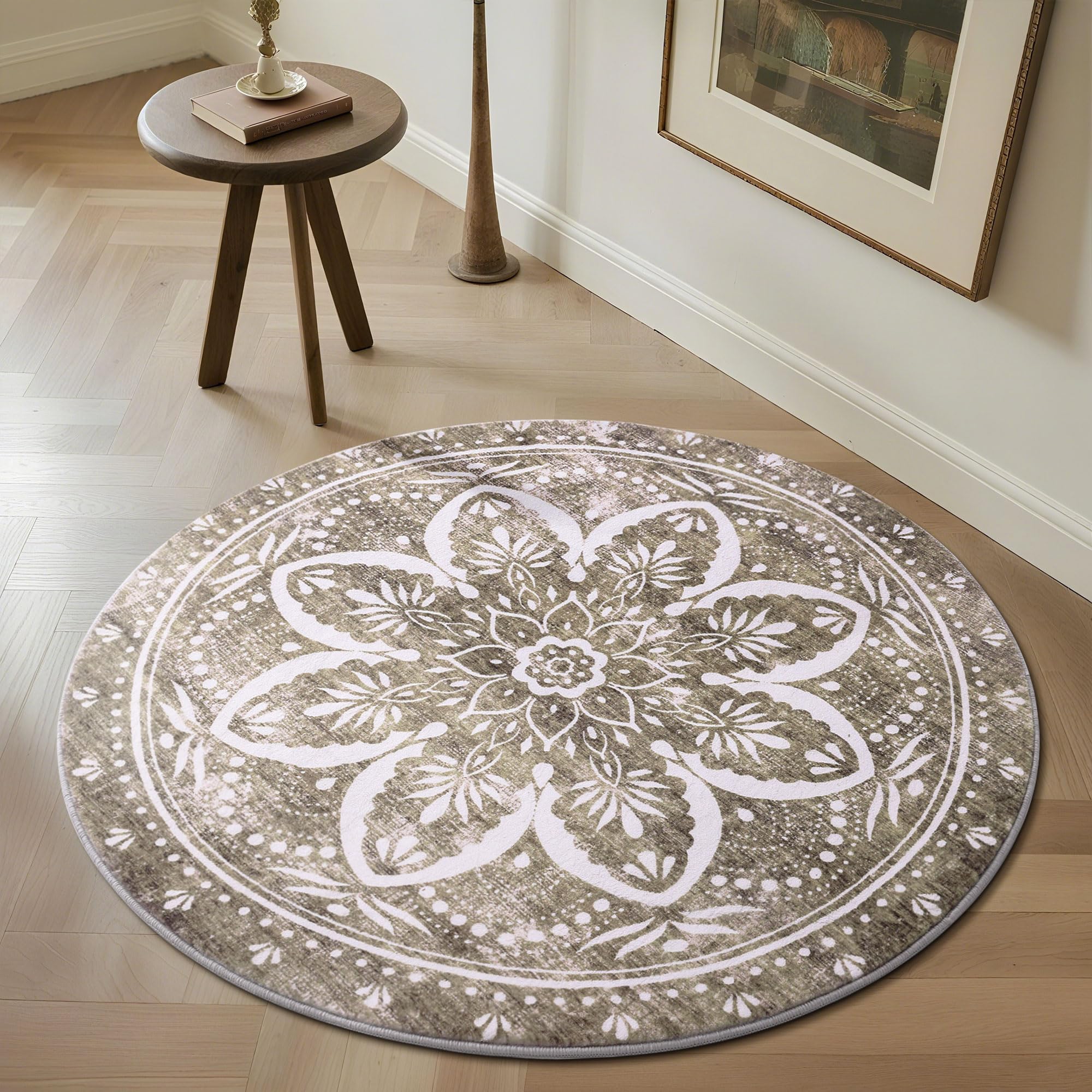 Carvapet 36 inch Washable Round Rug 3ft Brown