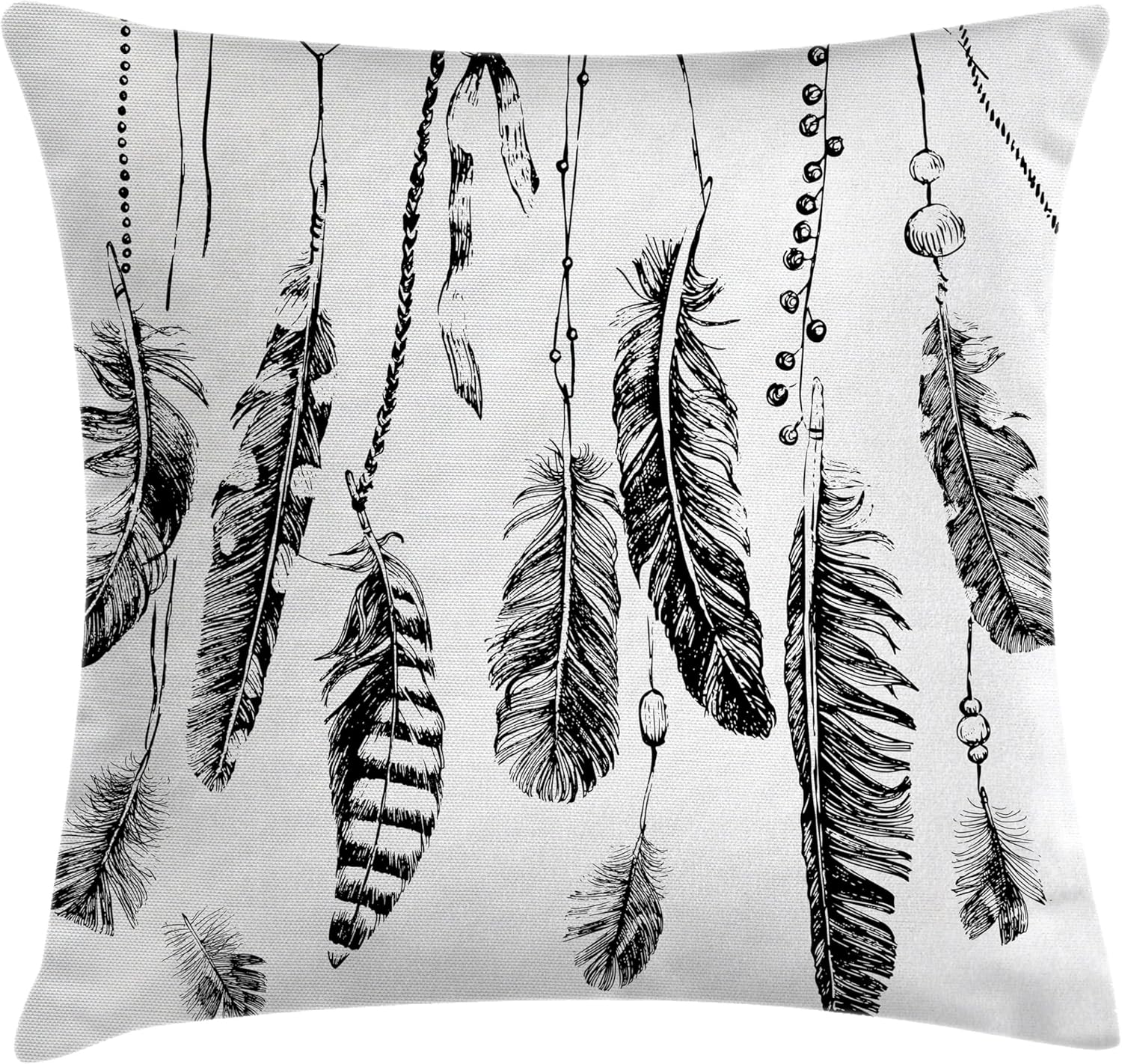 Ambesonne Ethnic Throw Pillow Cushion Cover, Simplistic Hand Drawn Design of Feathers with Grunge Inspired Details Art Print, Decorative Square Accent Pillow Case, 18" X 18", Black