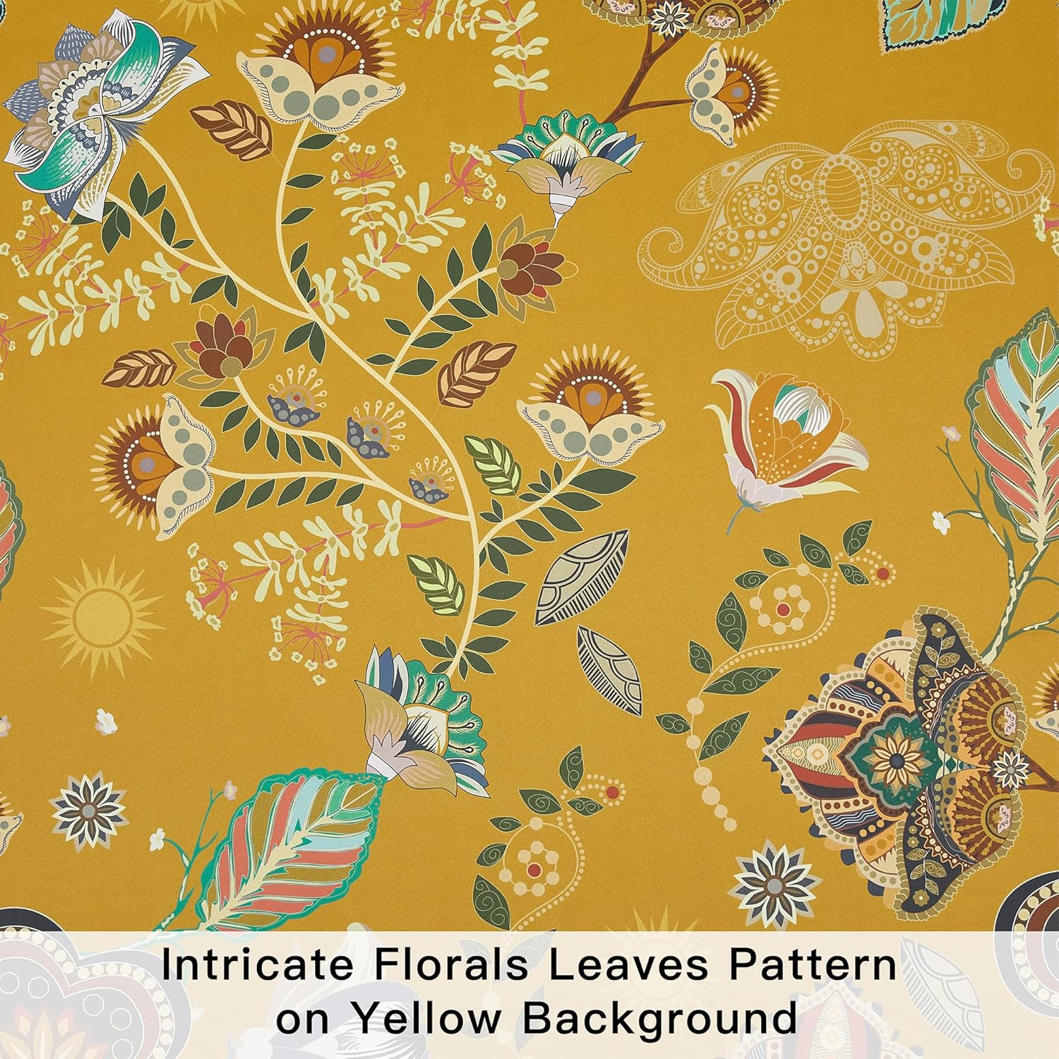 XiDi Mustard Yellow Patterned Blackout Curtains 84 Inches Long Vintage Floral Curtains for Bedroom Living Room 2 Panels Thermal Insulated Grommet Top Luxury Mid Century Colorful Drapes 52x84