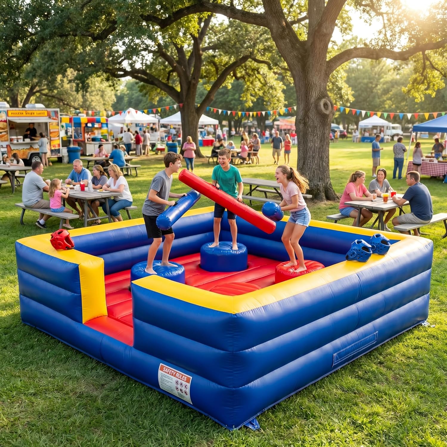 Inflatable Gladiator Joust Arena Game Set - 13x13ft 4 Person Joust Arena with 4 Jousting Sticks & Helmets, Commercial Grade PVC Inflatable Jousting Ring for Party, School & Team Building Events
