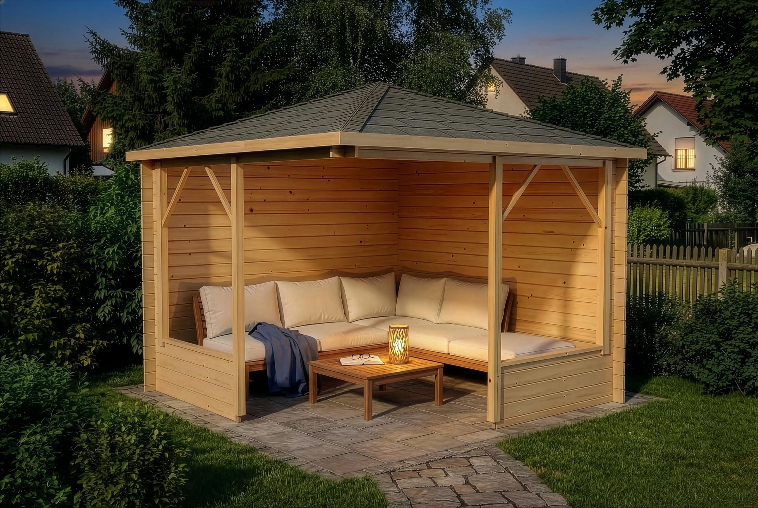 Alpholz 5-Eck Pavillon Maik-28 aus naturbelassenem Holz, 300 x 300cm mit 28 mm Wandstärke