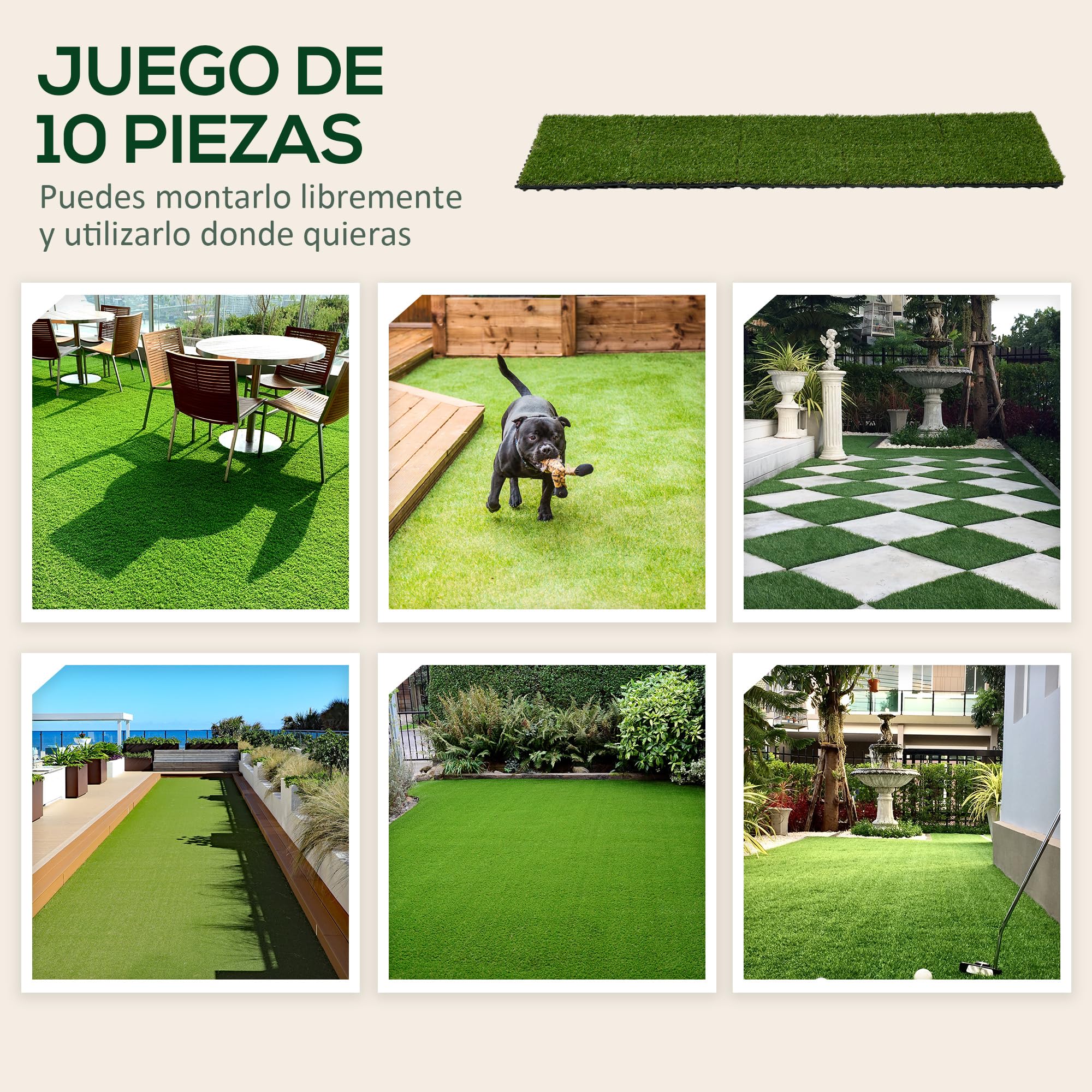 Outsunny Césped Artificial de 10 Piezas Alfombra Césped Artificial 30x30 cm con Altura de Hierba 20 mm Anti-UV para Jardín Patio Balcón Verde Oscuro