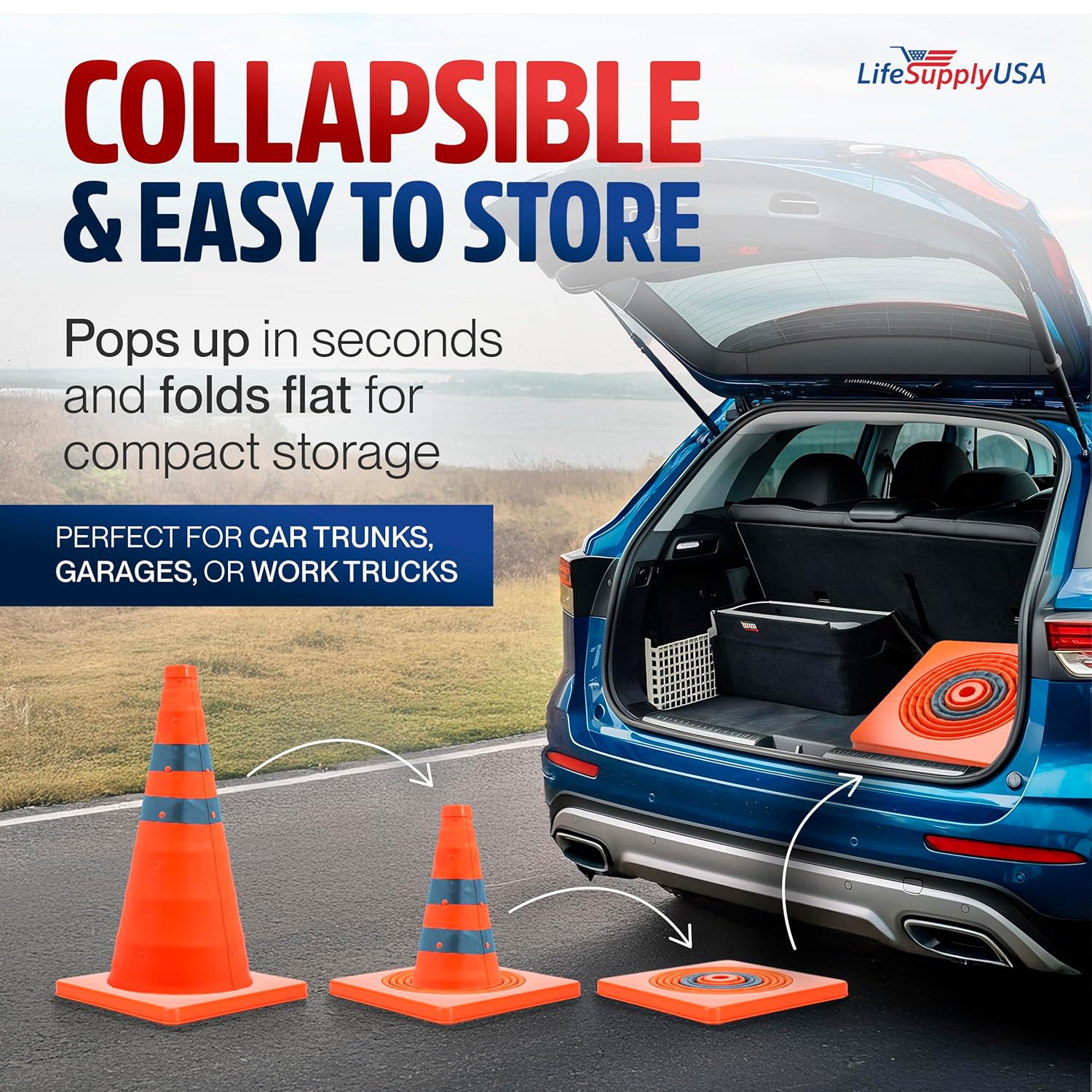 28" Collapsible Traffic Safety Cones with LED Lamp Bright Orange Reflectors or Reflective Strips Pop-Up Road Parking Cone for Emergency & Construction Use by LifeSupplyUSA (2-Pack)