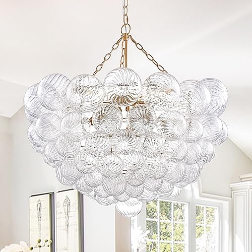 Miniatura 8 de Lámpara colgante de bola de burbujas de globo blanco y transparente, de vidrio arremolinado, 6 luces, diámetro de 24 pulgadas, de mediados de siglo